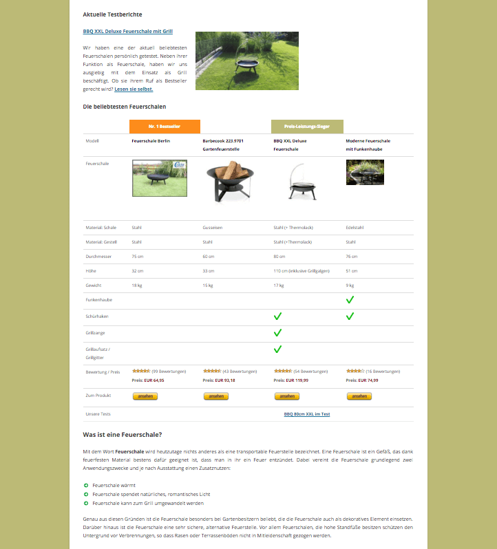 Feuerschale Test Affiliate Marketing Website