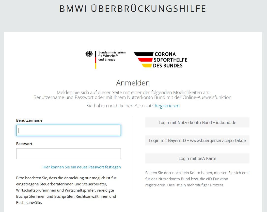 Antrag Überbrückungshilfe BMWI