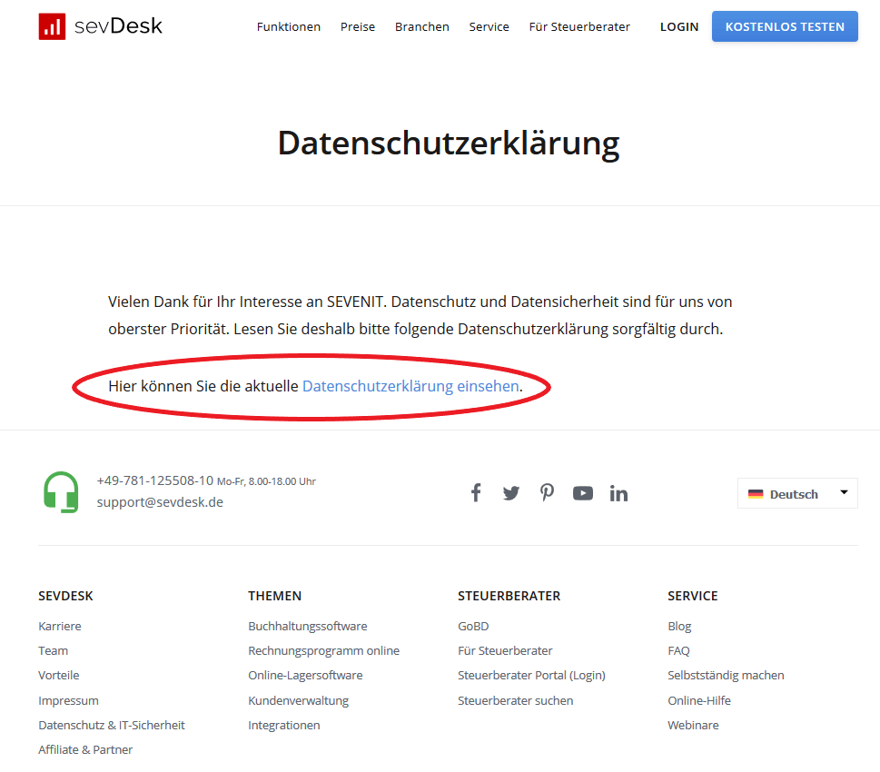 Datenschutzerklärung auf der Website
