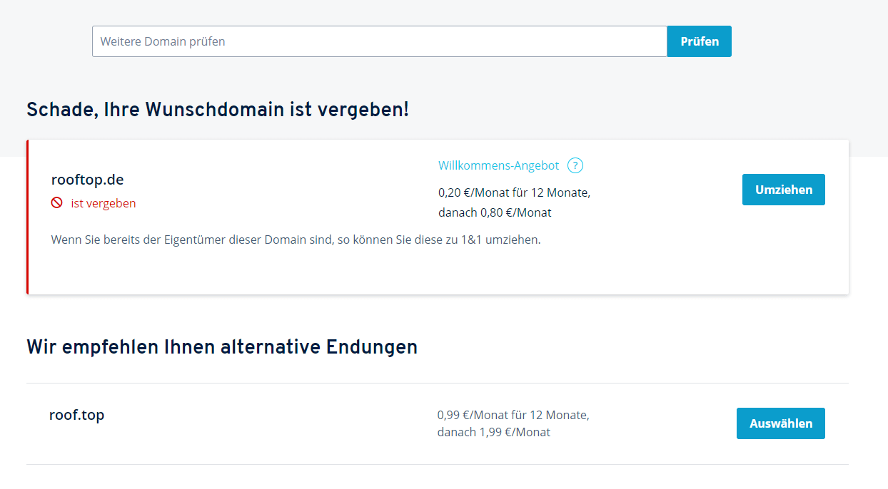 Domainkauf bei 1&1 Webhosting