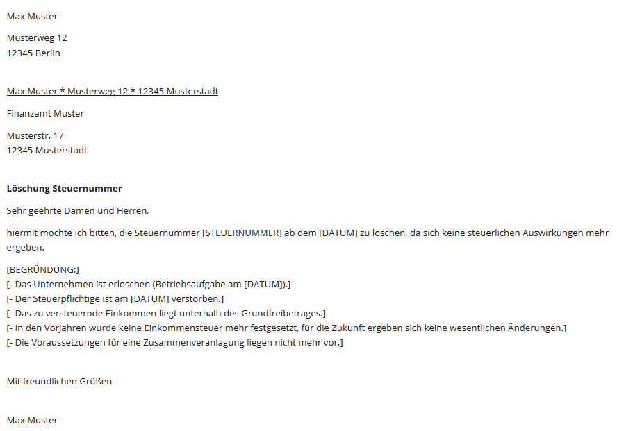Löschung der Steuernummer