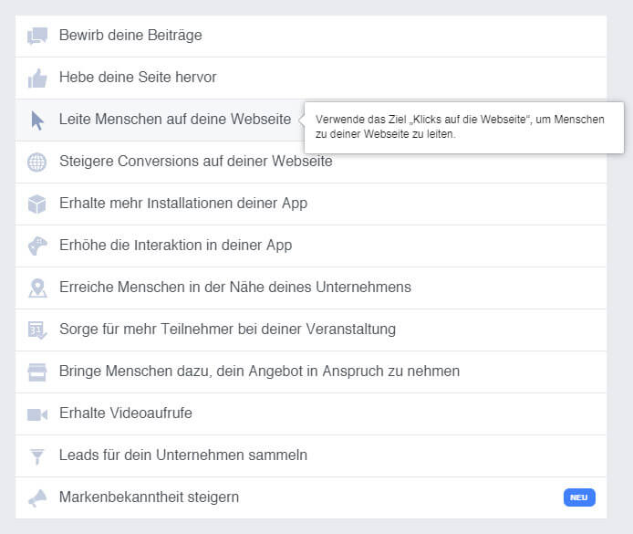 kampagnenziel im facebook werbeanzeigenmanager