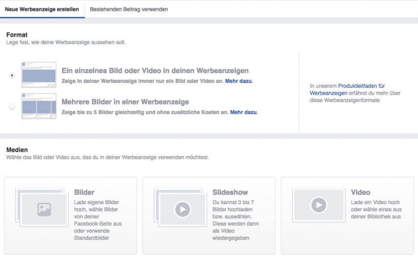 Facebook Werbungsformat festlegen
