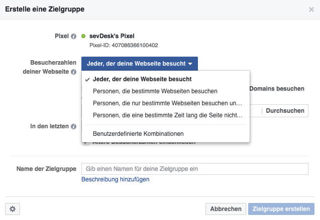 festlegung einer custom audience fuer facebook pixel