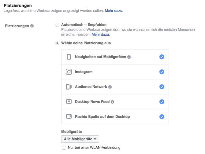 Platzierung der Facebook Werbung festlegen