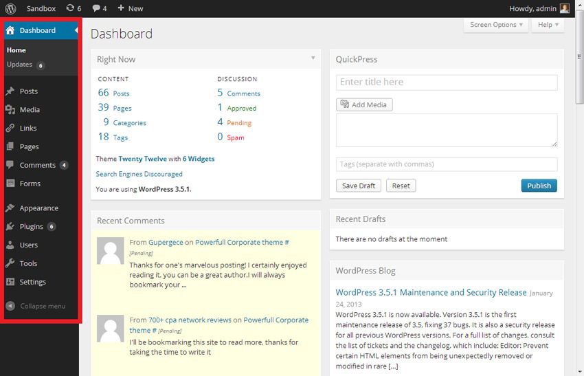 Admin Bereich in WordPress